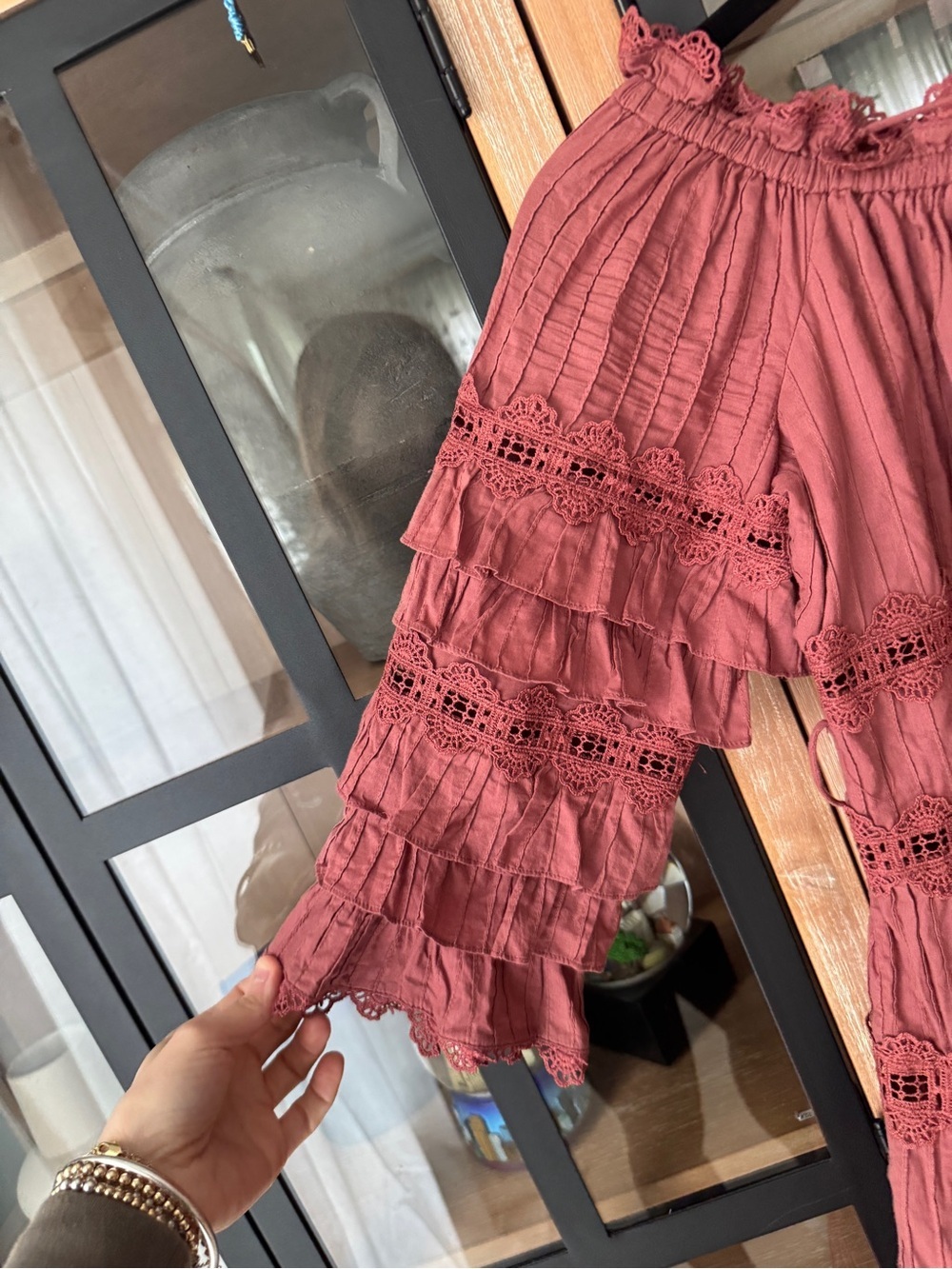 eyelet ruffle Corsair Frill Tier Dress Vintage Rose rust long sleeve - Picture 5 of 9